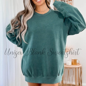 May include: A teal-colored unisex blank sweatshirt. The garment has a crew neck and long sleeves with ribbed cuffs. The text "Unisex Blank Sweatshirt" is printed on the front. The sweatshirt is made of a soft, comfortable material.