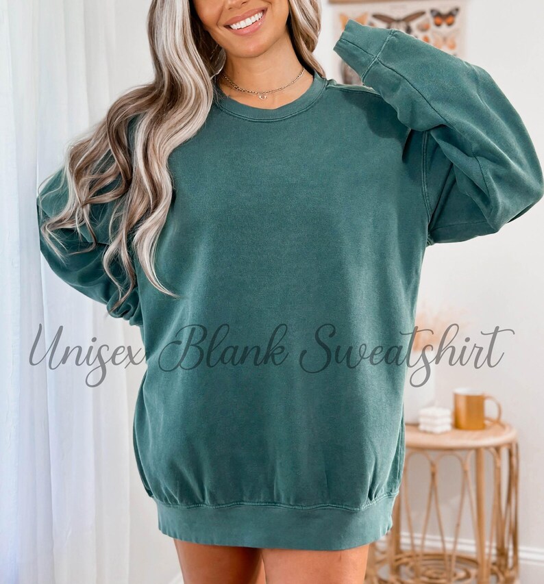 May include: A teal-colored unisex blank sweatshirt. The garment has a crew neck and long sleeves with ribbed cuffs. The text "Unisex Blank Sweatshirt" is printed on the front. The sweatshirt is made of a soft, comfortable material.
