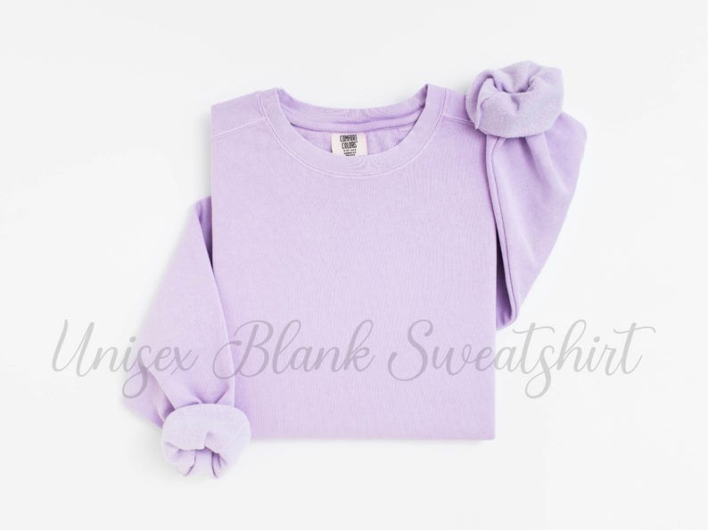 May include: A light purple unisex blank sweatshirt with a crew neck and long sleeves. The sleeves are cuffed at the wrists. The text "Unisex Blank Sweatshirt" is written across the bottom of the image.
