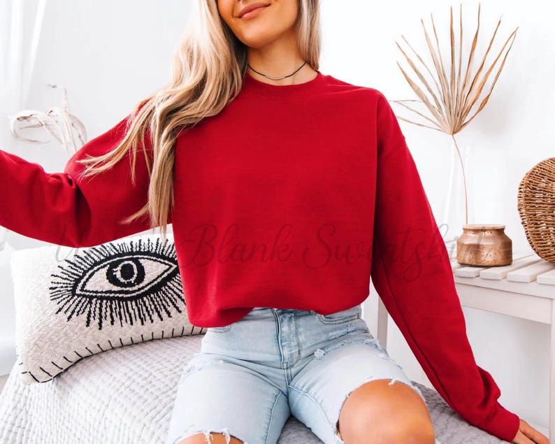 May include: A solid red crewneck sweatshirt. The image also shows light blue denim shorts and a decorative pillow with an eye design. The text "Blank Sweets Shop" is visible on the sweatshirt.