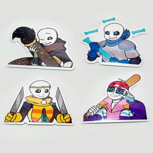 May include: Four colorful stickers featuring cartoon characters. One holds a paintbrush, another a bone, a third two knives, and the last a baseball bat. Each character has a unique design and color scheme, with a holographic finish.