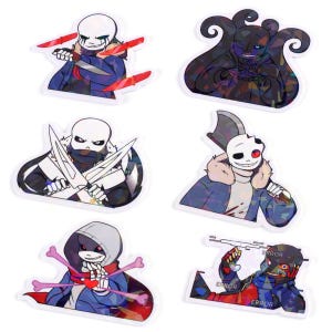 May include: A collection of six stickers showcasing cartoon characters with skull-like faces. The characters are in various poses, some holding weapons. The colour scheme includes blues, reds, and blacks, with some wearing hoodies or jackets. The stickers are glossy.