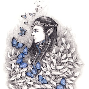 Elven Art Giclée Print &quot;Blue Morphos&quot; 5x7 Fantasy Art Print, Middle Earth Elf, Pencil Illustration