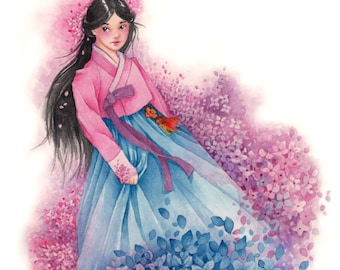 Fantasy Korean Girl with Hydrangeas Art Print "Song from the Heart" Signed Giclée Art Print