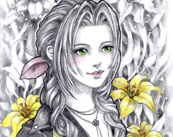 Aerith Gainsborough Final Fantasy 7 Giclée Art Print, Geek home decor, Final Fantasy VII artwork