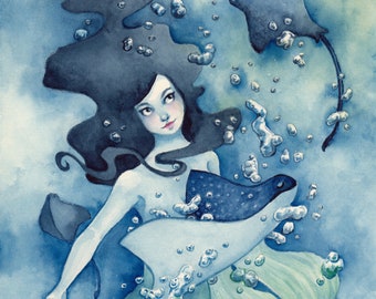 Mermaid Fantasy Art Print, Mermaid with Stingrays, Giclee Print, Limited Edition Signed Print