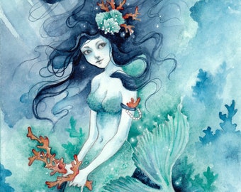 Mermaid Fantasy Art Print | Coral | Giclée Limited Edition Signed Print | 2 Sizes 5x7 or 8x12 Inches