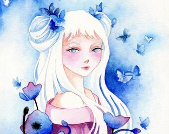 Fantasy Surreal Art Print "Blue Poppies" | Girl Art | Morph Butterflies | Anime Inspired