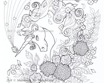 Printable Coloring Page, Instant Digital Download, Unicorn Magic, Rainbow, Butterflies, Flowers