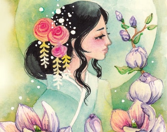 Asian Japanese Girl Giclée Art Print "Magnolias and Moonlight", Watercolor Illustration, Fine Art Print, Size 5x7