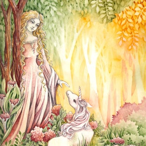 Medieval Fantasy Art Maiden and Unicorn Whimsical Giclée Art Print Limited Edition image 1