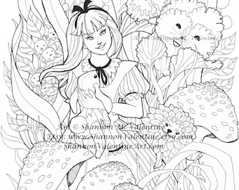 Printable Coloring Page, Instant Digital Download, Alice In Wonderland Art, Alice Among the Flowers