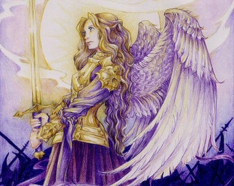 Fantasy Warrior Angel Art Print "Golden Warrior" Fantasy Art (Size 8 x 10)