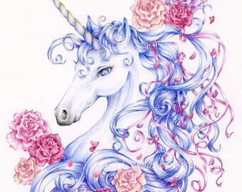 Unicorn Art Print "Ribbons and Roses" Fantasy Art Print, Mythical Art, Fine Art Print