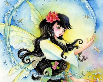 Fairy Art Print "Water Lily Fae" Fantasy Limited Edition Illustration in 2 Paper Sizes