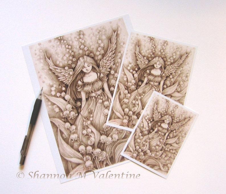 Fantasy Art Print Lily of the Valley Pencil Drawing Angel Print 3.5 x 5 inch print image 4