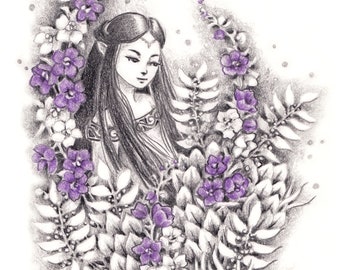 Elven Art Giclée Print "Purple Delphinium" 5x7 Fantasy Art Print, Middle Earth Elf, Pencil Illustration, Elven Girl