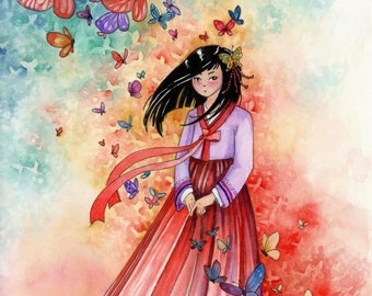 Fantasy Butterfly Art Print | Korean Girl Among Gentle Wings | Matted and Signed Art Print | 5x7 Inch Print includes 8x10 Mat