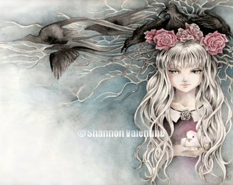 Dark Fantasy Art Print "Dark Birds" Gothic Art, Anime Lolita, 2 Paper Sizes, Limited Edition