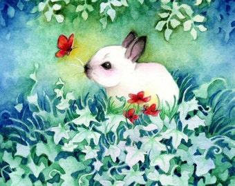 Wildlife Art Print, Baby Bunny with Red Butterfly