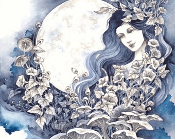 Fantasy Art Print "Moon Child", Giclée Art Print, White Silver Moon with Moon Flowers, Mushrooms, Goddess Artwork