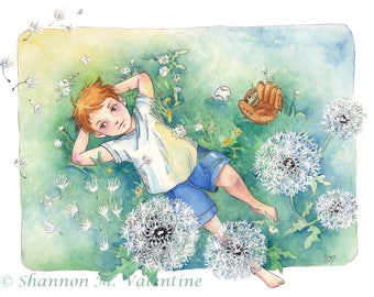 Children's Art, Boy Art "Summer Day" Signed 5x7 and 8x10 Limited Edition Art Print