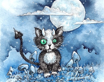 ORIGINAL Watercolor and Ink Painting | Little Beastie | Original Creepy Cute Art | Halloween Cat | OOAK