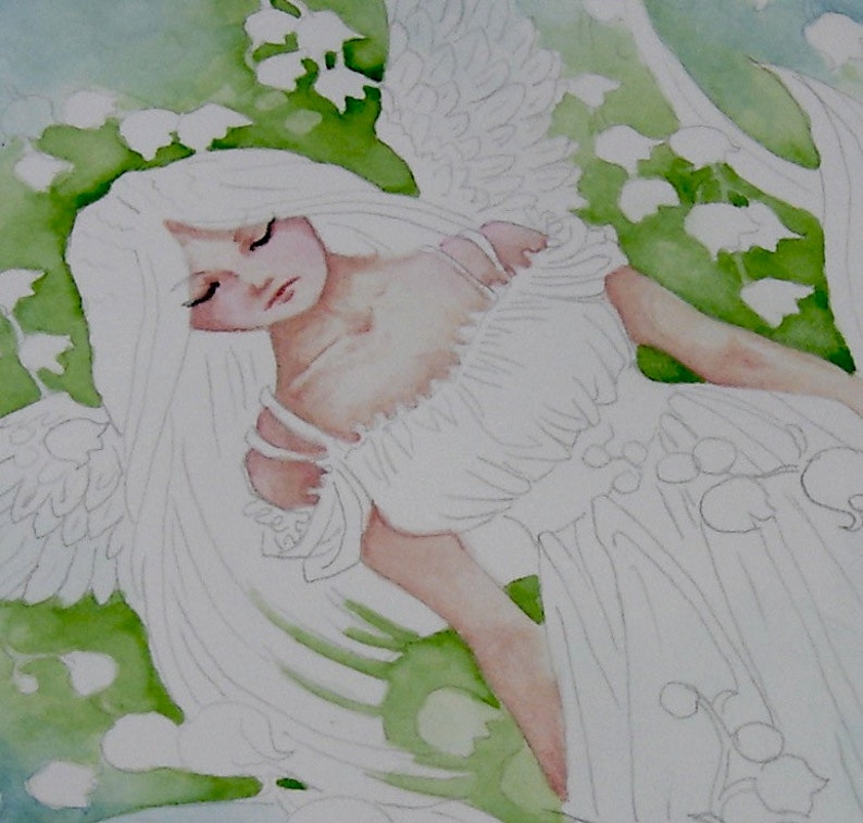 Original Watercolor Painting, OOAK, Lily of the Valley, Original Art, Fantasy Art, Angel Art image 4