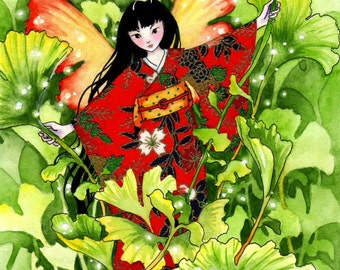 Fairy Art Print "Young Ginkgo" Fantasy Faerie in Kimono