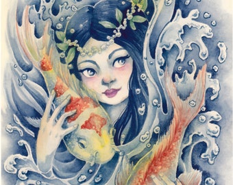 Fantasy Mermaid Giclée Art Print "Water Sprite", Watercolor Illustration, Mermaid with Koi Art Print, Size 5x7