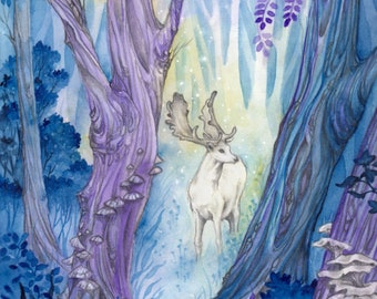 Fantasy Celtic Nature Art Print "Wild Magic", Giclée Art Print, White Fallow Deer Forest Wildlife Artwork