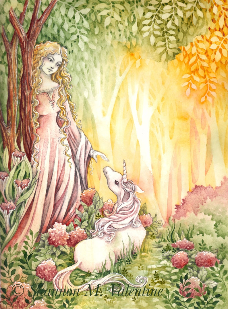 Medieval Fantasy Art Maiden and Unicorn Whimsical Giclée Art Print Limited Edition image 1