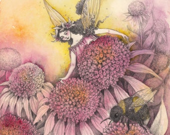 Faerie Art; Flower Fairy with Bumble Bee Giclée Print; Fantasy Art Print