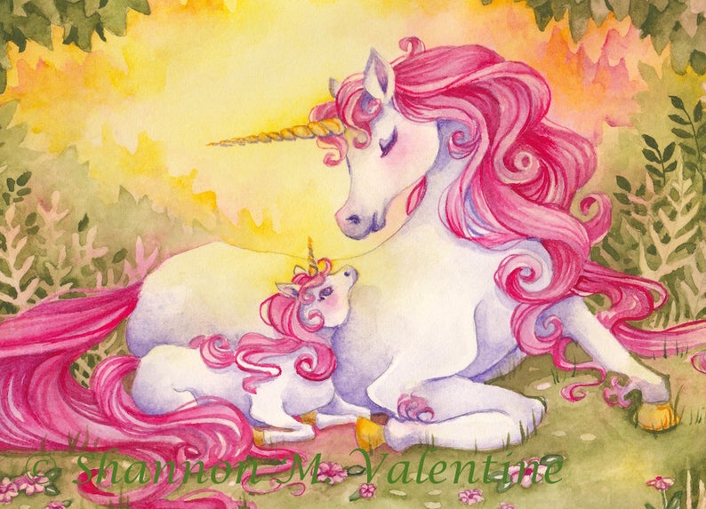 Fantasy Unicorn Art Print Love Is Mother & Baby Unicorns 5x7 8x10 Prints image 2