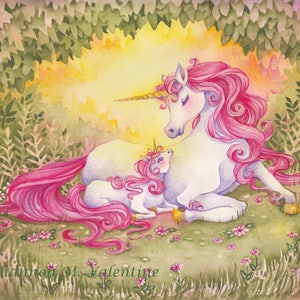 Fantasy Unicorn Art Print Love Is Mother & Baby Unicorns 5x7 8x10 Prints image 1