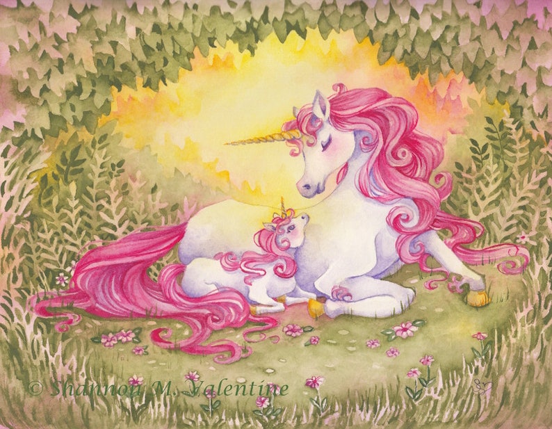 Fantasy Unicorn Art Print Love Is Mother & Baby Unicorns 5x7 8x10 Prints image 1