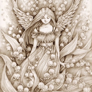 Fantasy Art Print Lily of the Valley Pencil Drawing Angel Print 3.5 x 5 inch print image 1