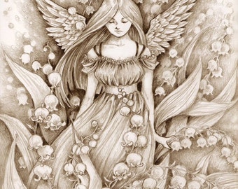 Fantasy Art Print "Lily of the Valley" Pencil Drawing Angel Print | 3.5 x 5 inch print