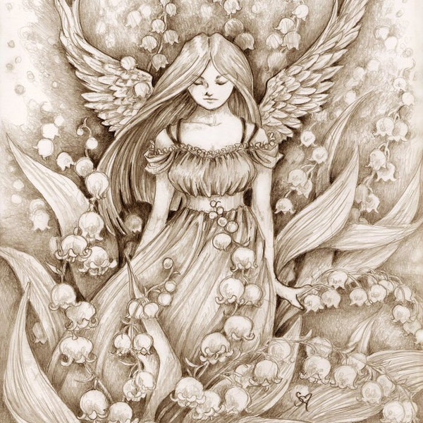 Fantasy Art Print "Lily of the Valley" Pencil Drawing Angel Print | 3.5 x 5 inch print