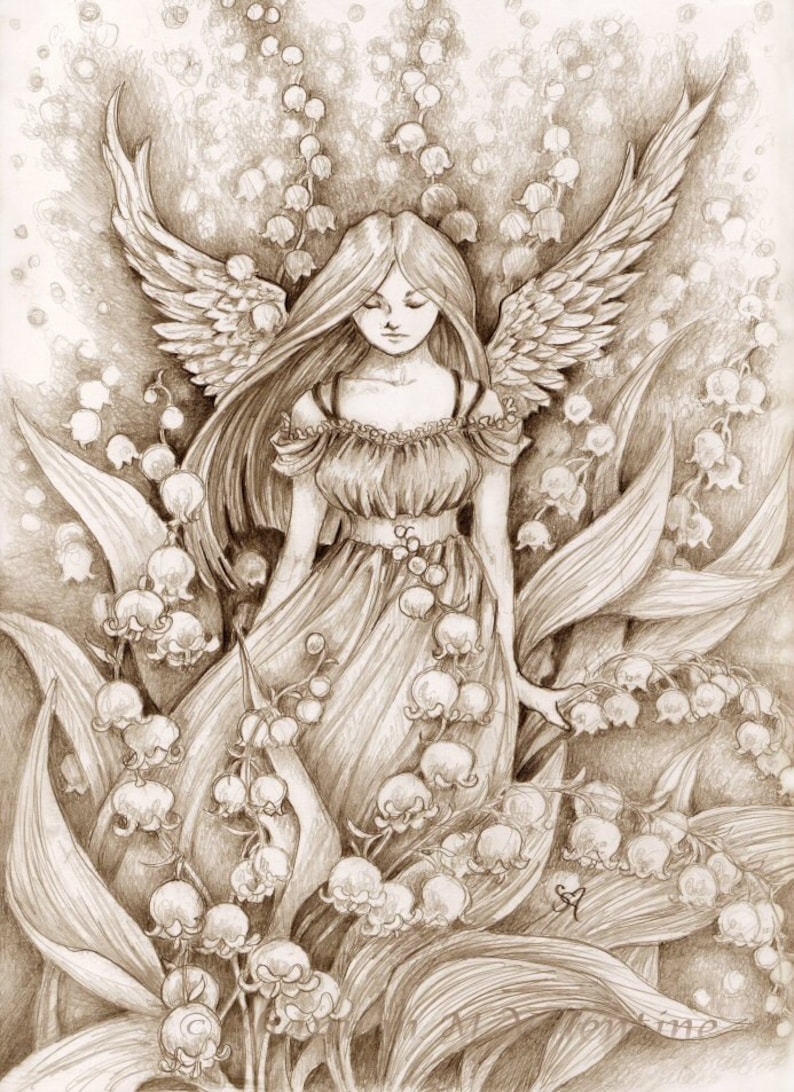 Fantasy Art Print Lily of the Valley Pencil Drawing Angel Print 3.5 x 5 inch print image 1