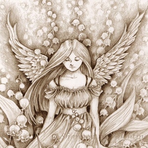 Fantasy Art Print Lily of the Valley Pencil Drawing Angel Print 3.5 x 5 inch print image 2
