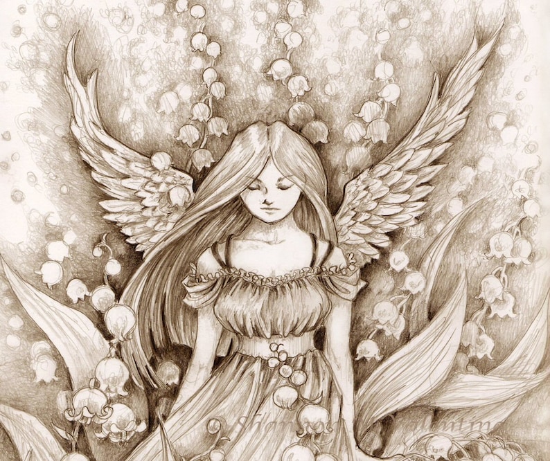 Fantasy Art Print Lily of the Valley Pencil Drawing Angel Print 3.5 x 5 inch print image 2