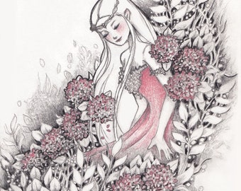 Elven Art Giclée Print | Pink Hydrangeas | 5x7 Fantasy Art Print | Middle Earth Elf | Pencil Illustration | Elven Girl