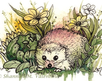 Cute Critter Giclée Art Print "Hedgehog Love", 4x6 Nature Art Print