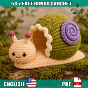 May include: A crochet snail amigurumi featuring a light peach head and body, two antennae with pink tips, and a large olive green shell with a purple spiral accent. The text 50 + FREE BONUS CROCHET, DESIGN GROVE, ENGLISH, and PDF are visible.