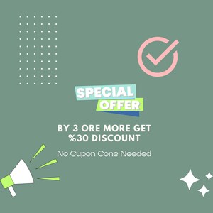 May include: An advertisement on a green background with the text "SPECIAL OFFER" in a colorful banner. The text "BY 3 ORE MORE GET %30 DISCOUNT" is below the banner. A megaphone and checkmark are also present.