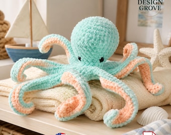 May include: A crocheted octopus in shades of teal and peach, with black button eyes. The plush toy is displayed on a folded cream-colored blanket. Text at the top reads "50 + FREE BONUS CROCHET". The Design Grove logo is visible.