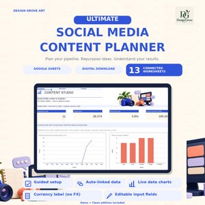 Könnte beinhalten: Ein digitaler Social-Media-Content-Planer für Google Sheets mit 13 verknüpften Arbeitsblättern. Die Benutzeroberfläche zeigt ein Content-Studio-Dashboard mit Analysen, Diagrammen und Datenfeldern. Text beinhaltet: Ultimate Social Media Content Planner, Guided setup, Auto-linked data, Live data charts, Currency label und Editable input fields.