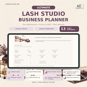 Könnte beinhalten: Ein digitaler Business-Planer für Wimpernstudios für Google Sheets mit 13 Arbeitsblättern. Die Benutzeroberfläche zeigt Finanzdaten wie Serviceeinnahmen, Trinkgelder und Ausgaben an. Text: Ultimate Lash Studio Business Planner.