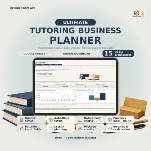 May include: Ultimate Tutoring Business Planner digital download for Google Sheets with 15 worksheets. Features a dashboard with lesson credits, invoices, and cash tracking, plus data-linked charts, auto-filled totals, and editable input fields.